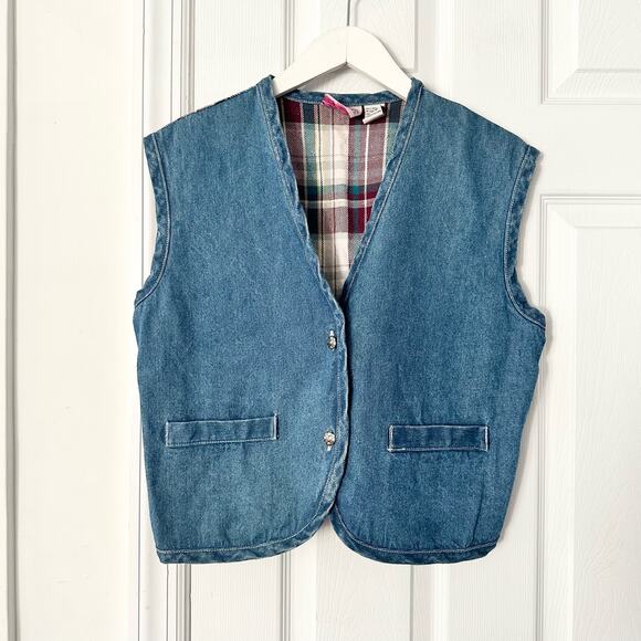 Metro Express Vintage Denim Chambray Red Plaid Flannel Back Button Vest L 14/16 - Picture 1 of 12